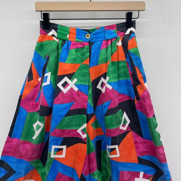 Vintage 80s Geometric Culotte Pant Set‎ Womens Small/Medium Silk Wide Leg Bright - Picture 8 of 11
